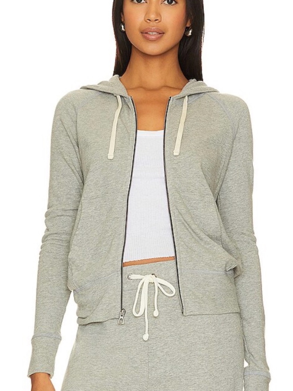 James Perse Light Gray Zip Hoodie with Cream Drawcords